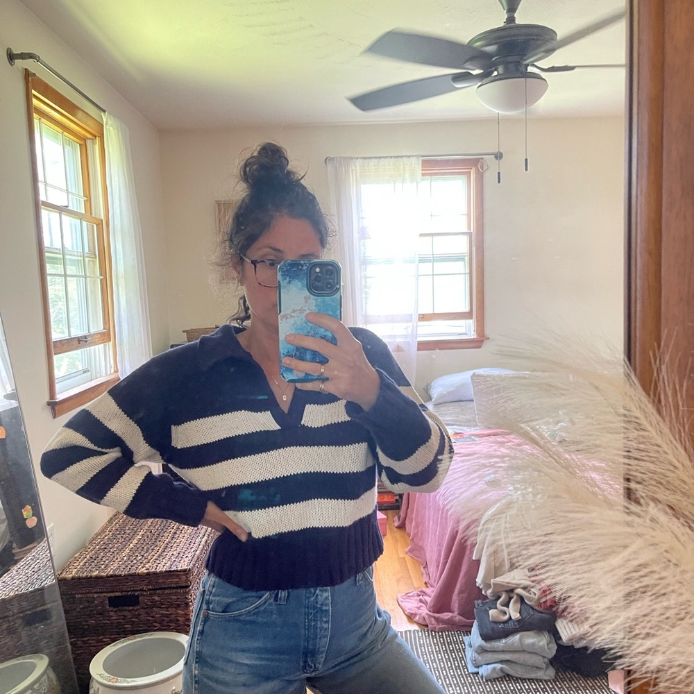 Ciao Lucia Blue and White V-Neck Sweater